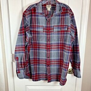 LL Bean Men's Flannel Shirt L Gray Red‎ Blue Plaid 100% Cotton Traditional Fit